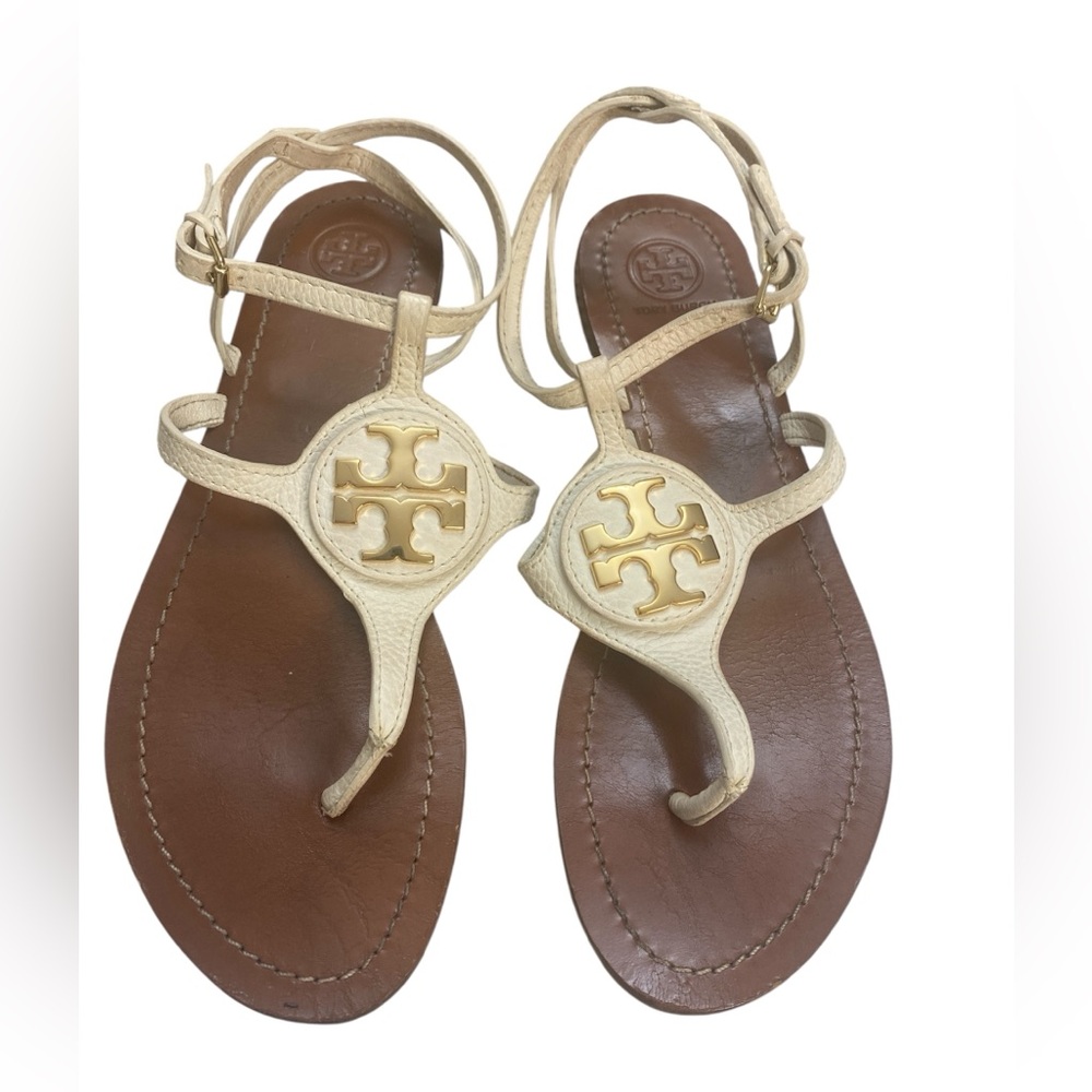 Tory Burch Cream Leather Logo Thong Sandals